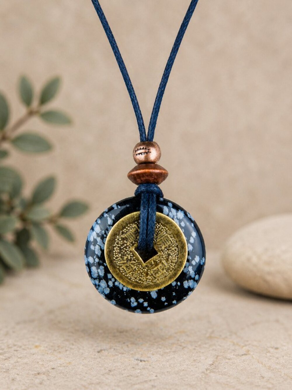 Snowflake Obsidian & Chinese Lucky Coin Necklace | Handmade - Picture 3 of 6